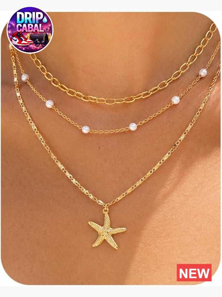 Dainty Stackable Starfish & Pearl Necklace Set Non Tarnish Waterproof 14k Gold
